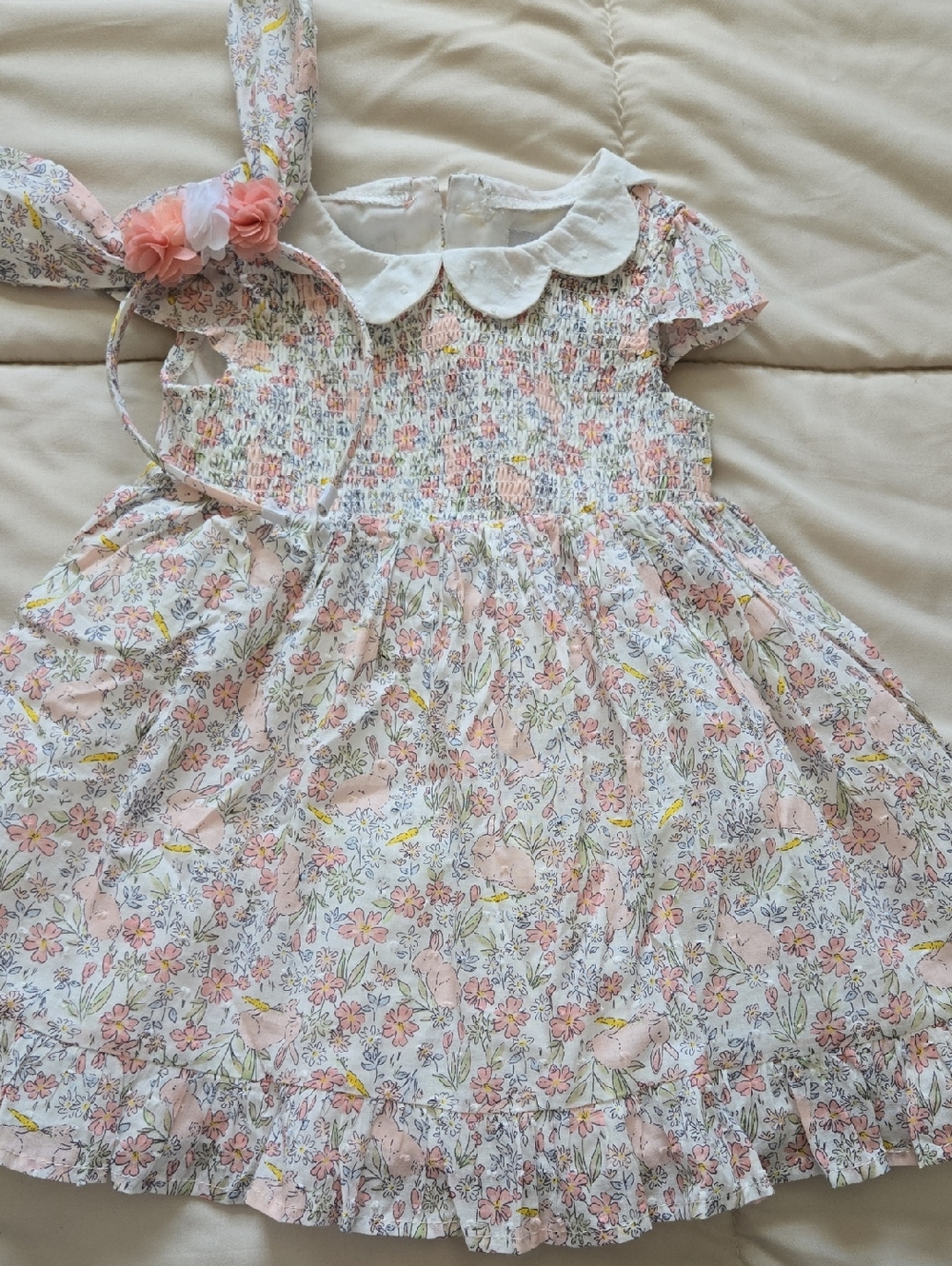 Haute Hippie Girls' Floral Smocked Dress in Pink With Bunnies And Flowers.